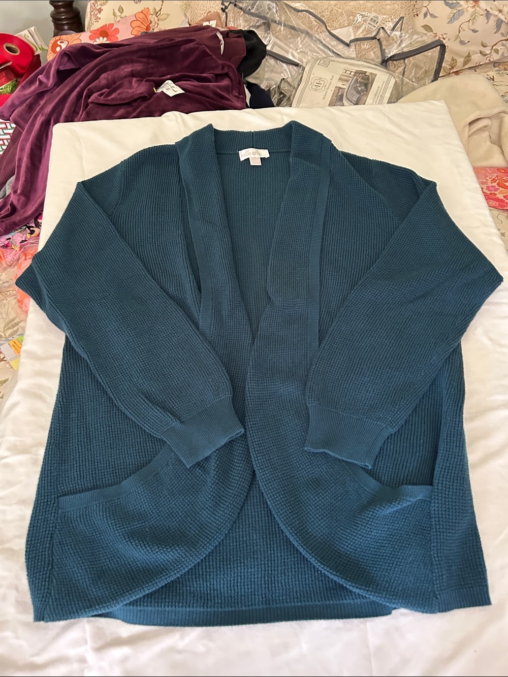 Belle by Kim Gravel Teal Open-Front Waffle Cardigan
